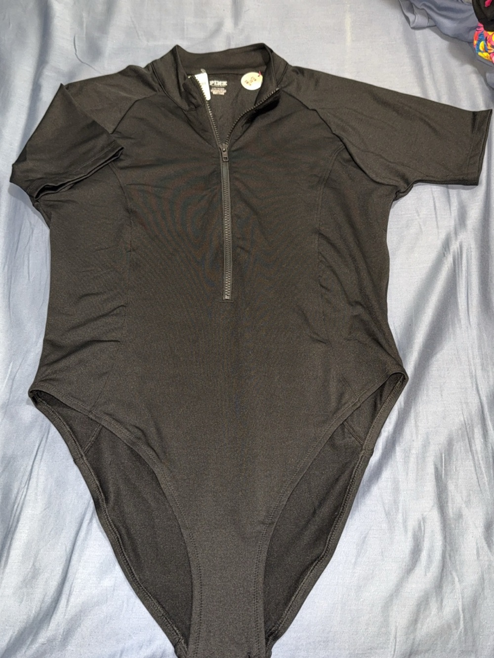 PINK Victoria's Secret Woman’s Black Short-Sleeve One-Piece with Front Zip